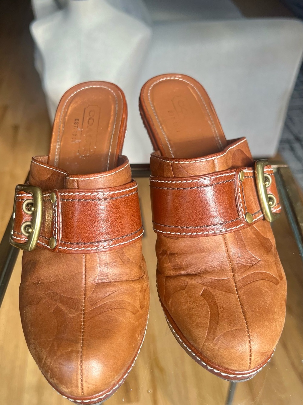 Leather Slip-On Mules in Cognac Brown wwith Buckle Detail